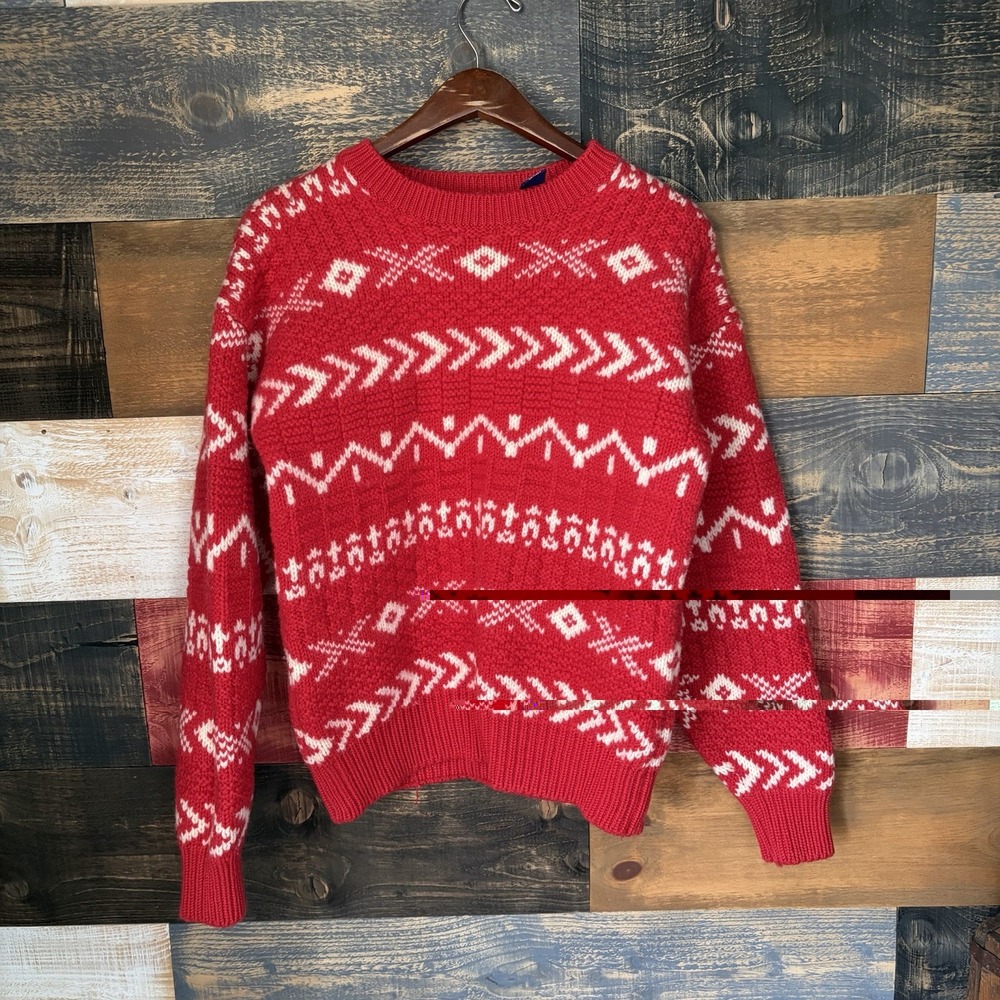 Vintage 90s Gap 100% Virgin Wool Sweater Red White Fair Isle Men Medium